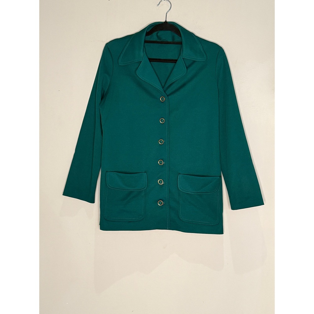 Vintage 70s Green‎ Blazer Jacket Long Sleeve Button Front Pockets Coat Business